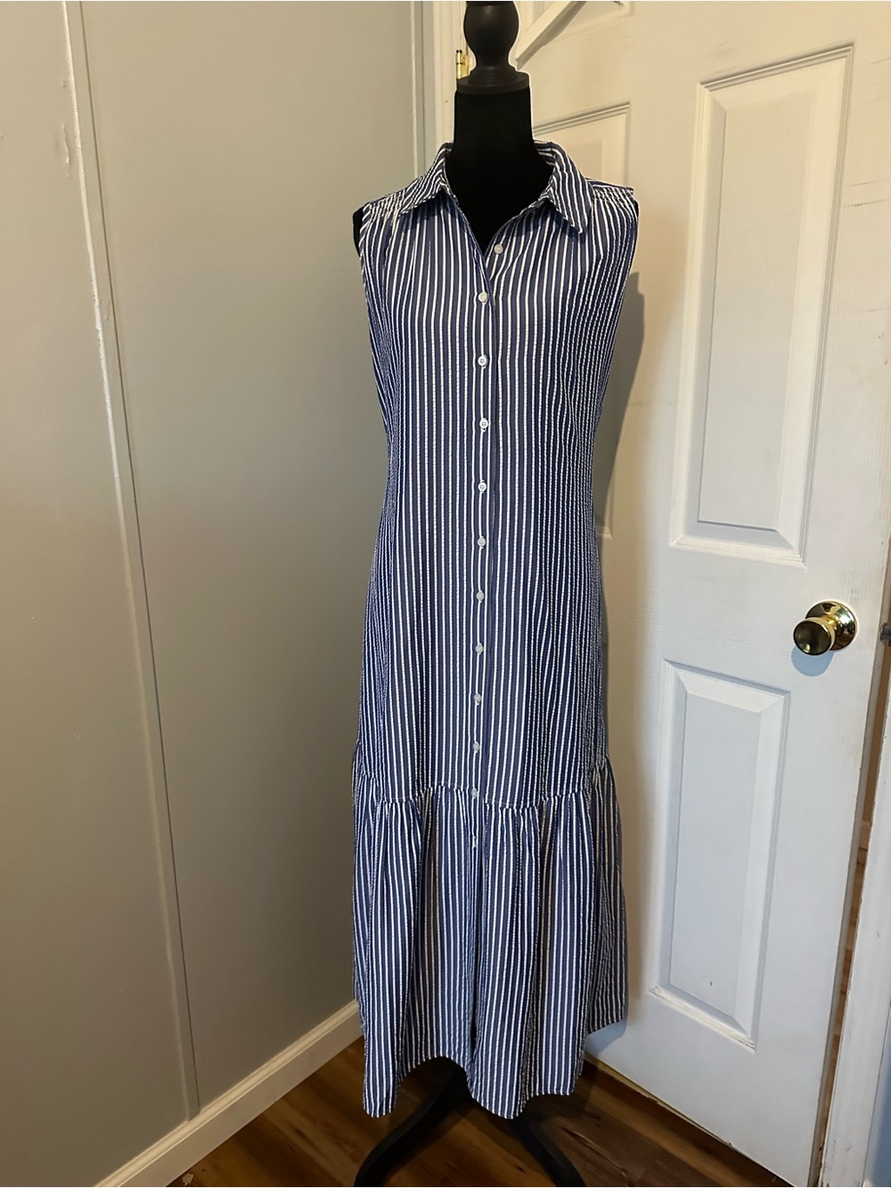 Tommy Hill Sleeveless Blue and White Stripe Button-Front Maxi Dress